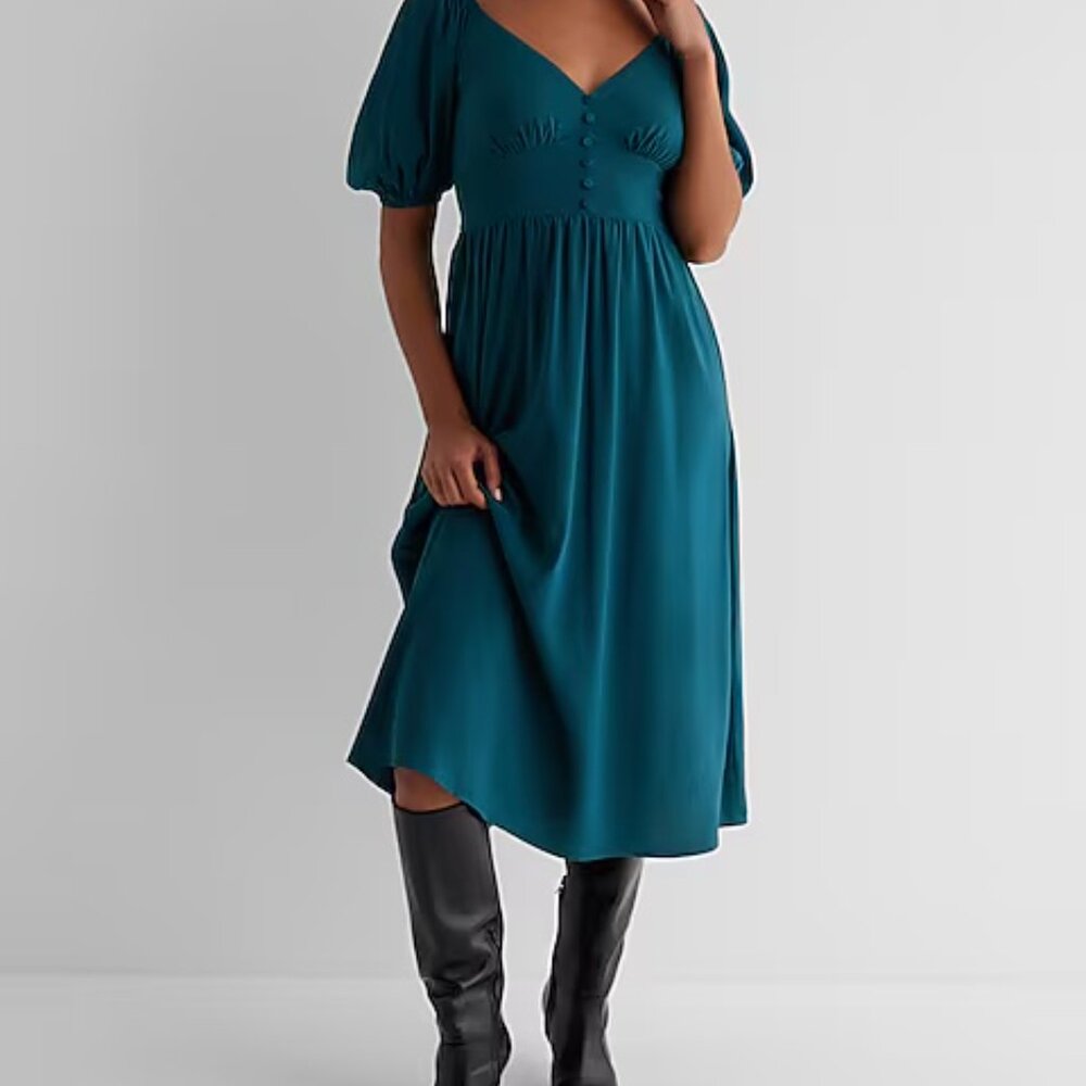 Express V-Neck Puff Sleeve Button Front Tie Back Midi Dress